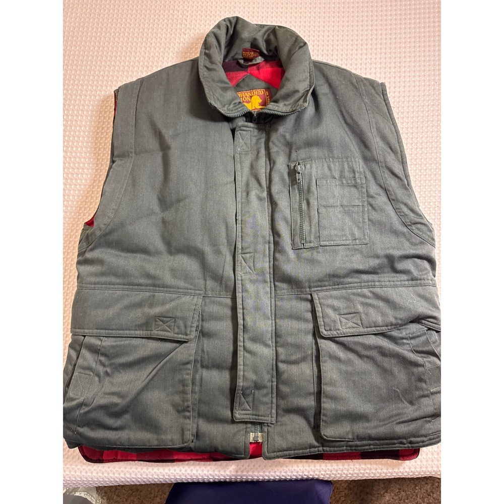 Branded Lion Utility Vest Mens Large Dark Green Plaid Lined Canvas Insulated EUC